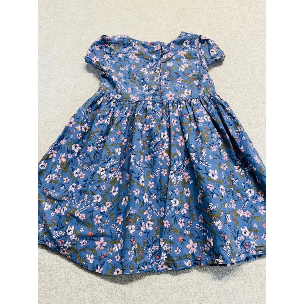 OshKosh‎ Bgosh Floral Dress Kids 4T Blue Short Sleeve Cotton Bow Back A-Line